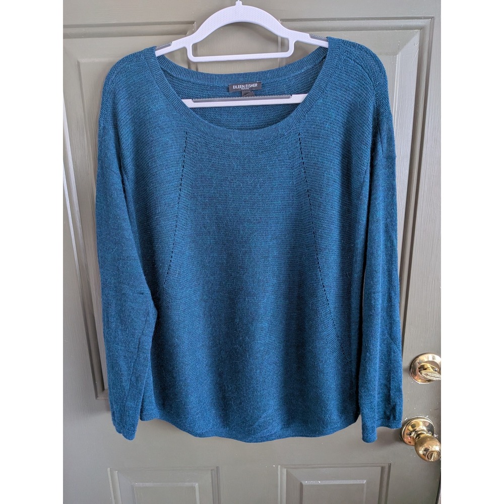 Eileen‎ Fisher Teal Blue Knit Sweater 100% Alpaca Wool Size Petite Large